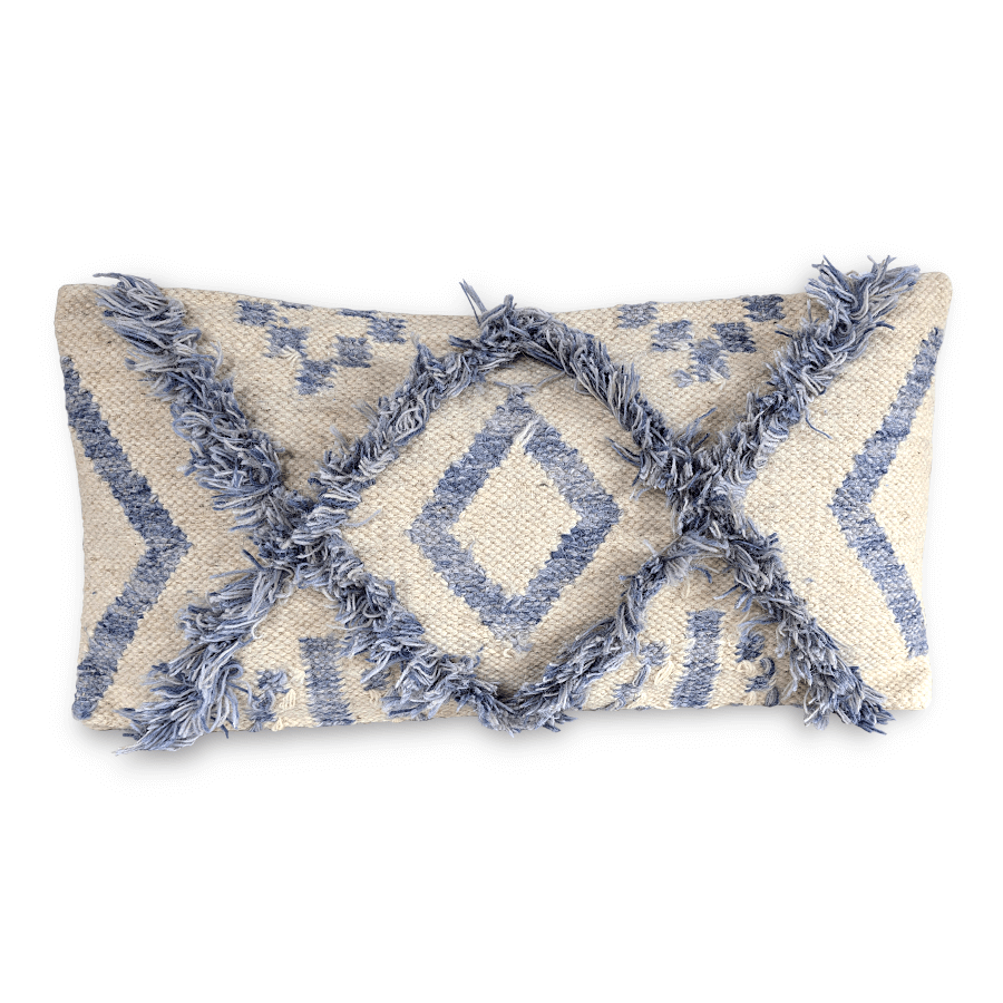 Coussin rectangulaire 30x60 cm motifs berbères bleus en laine et jute.