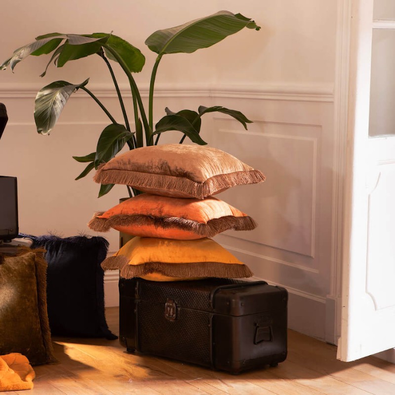 Accumulation de coussins décoratifs en velours sur une malle ancienne.