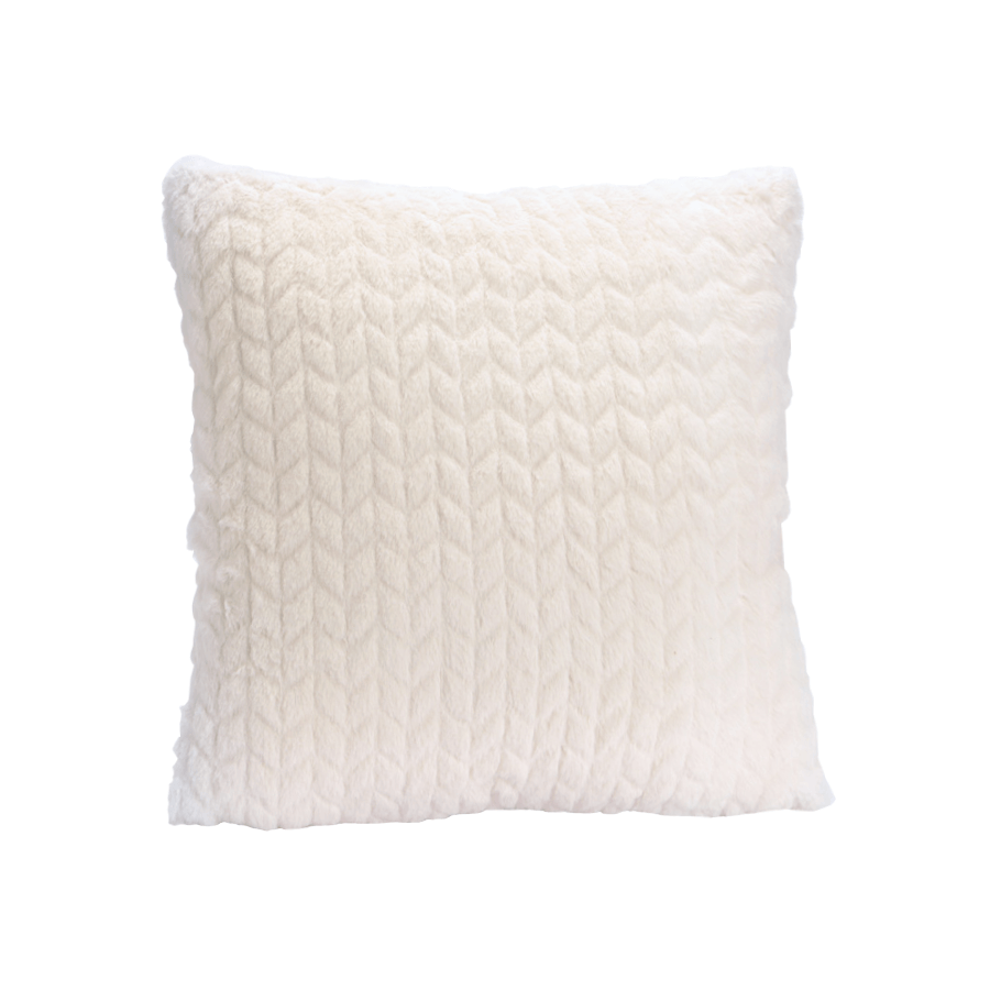 Coussin carré 40x40 cm en fausse fourrure blanc ivoire avec motifs chevrons en relief.
