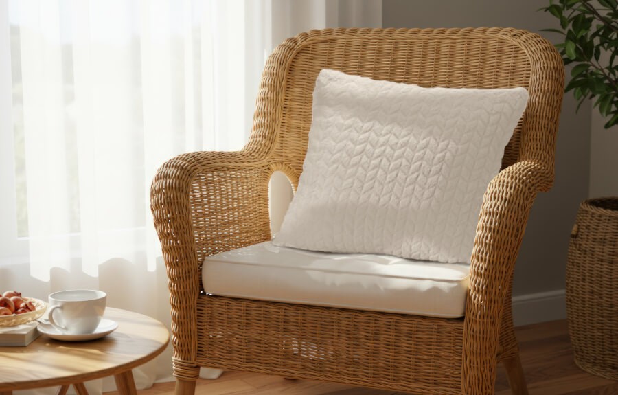 Coussin blanc disposé sur un fauteuil en rotin pour une déco scandinave et lumineuse.