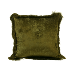 Coussin carré 45x45 cm en velours Kaki avec bordure de franges soyeuses.