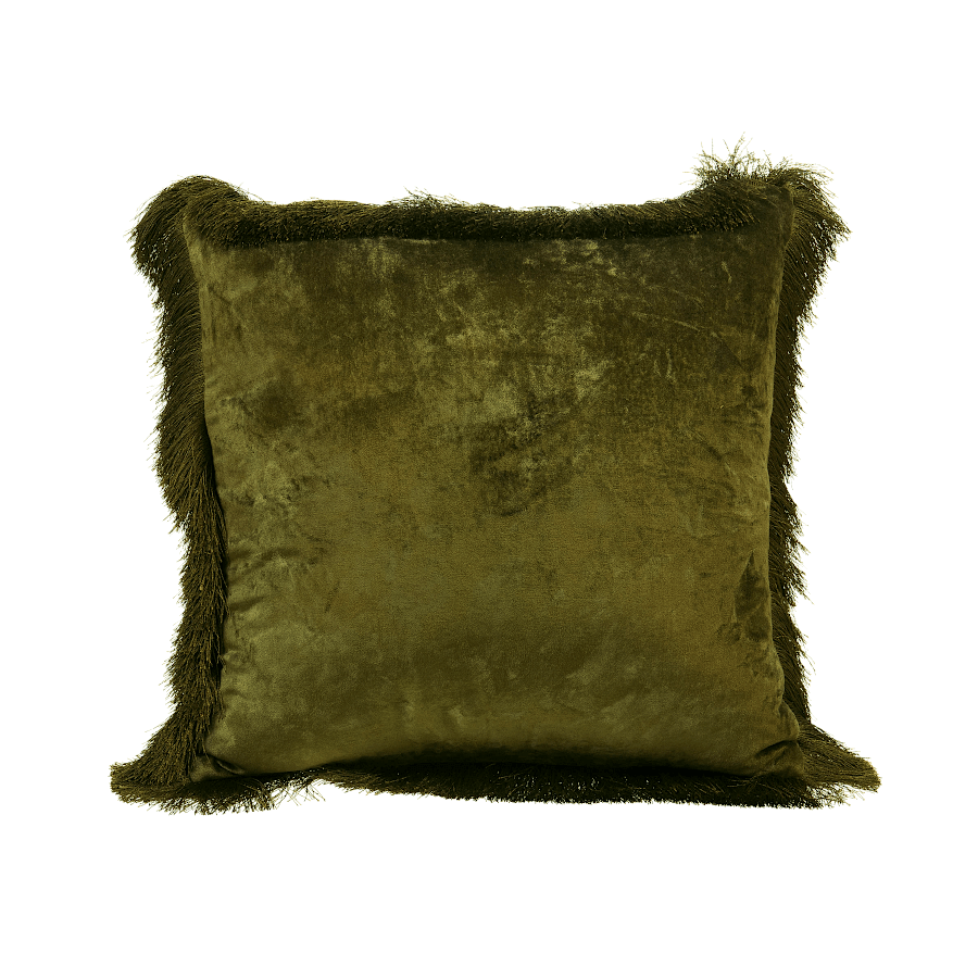 Coussin carré 45x45 cm en velours Kaki avec bordure de franges soyeuses.