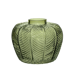Vase en verre vert tropical avec motif de feuillage en relief.