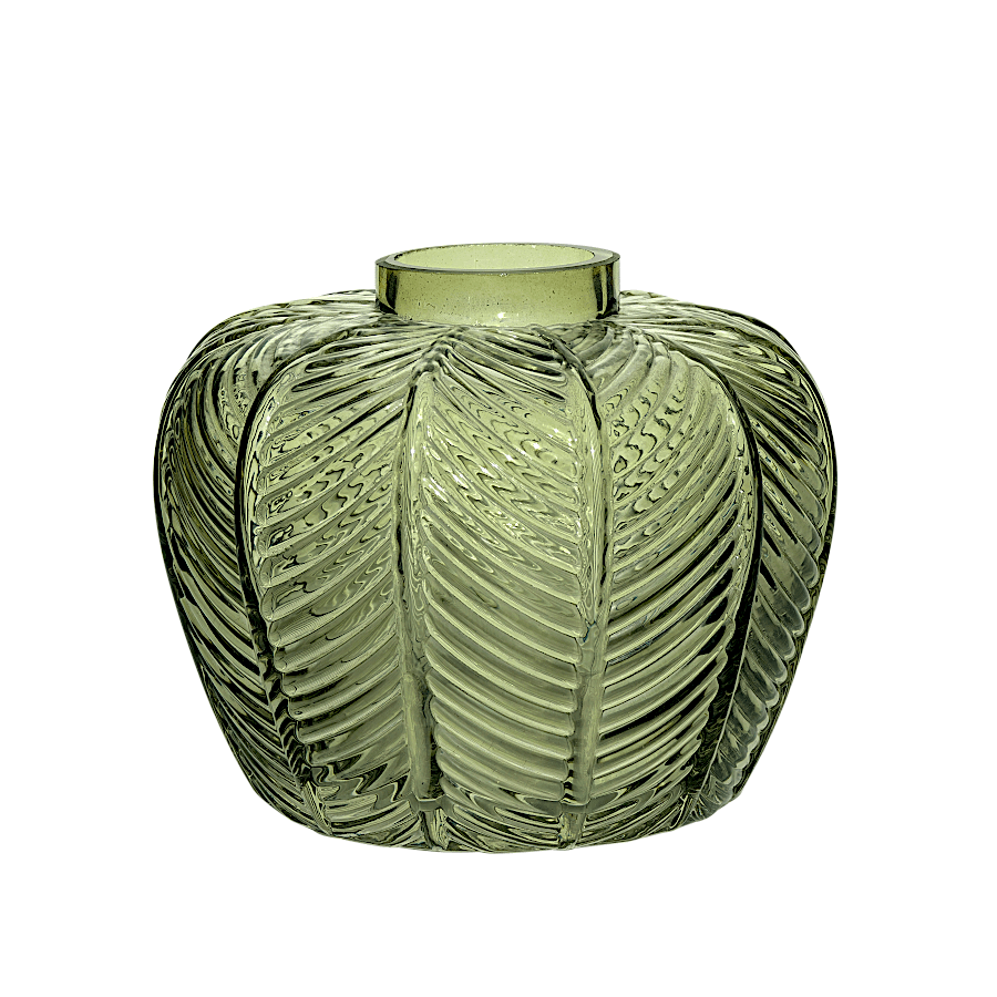Vase en verre vert tropical avec motif de feuillage en relief.