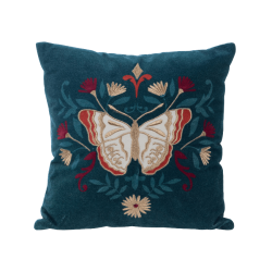 Coussin bleu canard 45x45 cm avec grand papillon brodé blanc et doré.