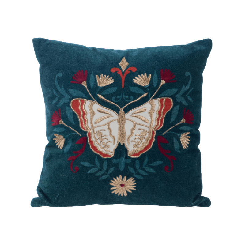 Coussin bleu canard 45x45 cm avec grand papillon brodé blanc et doré.