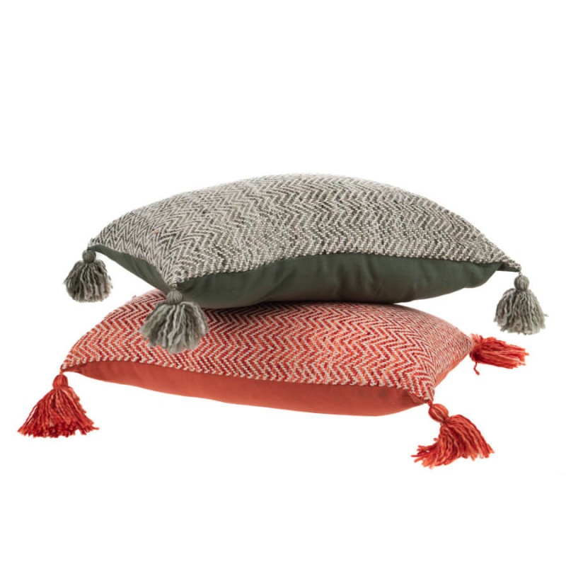 Association du coussin corail avec un modèle gris pour une déco harmonieuse.