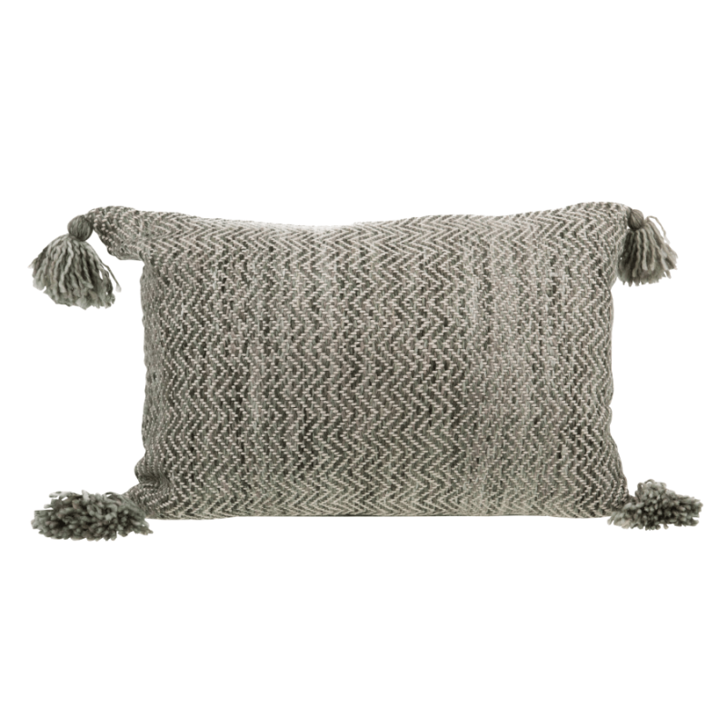Coussin rectangulaire 40x60 cm gris tissé à chevrons avec quatre pompons.