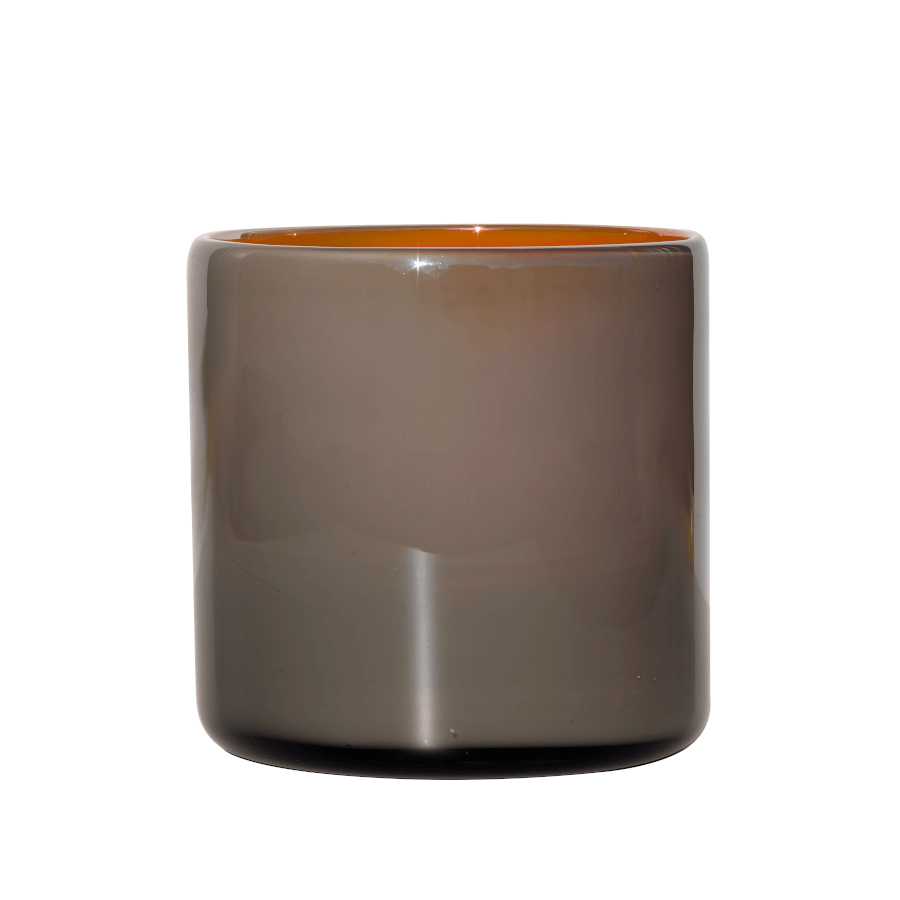 Photophore en verre bicolore gris et orange, hauteur et diamètre 12 cm.