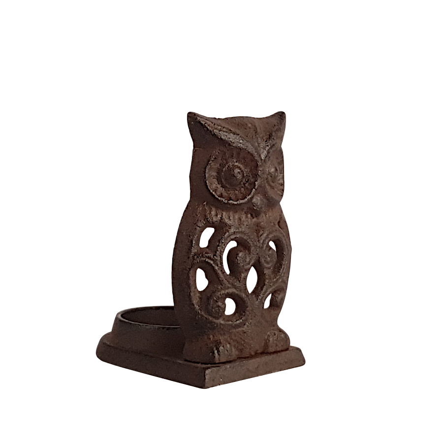 Bougeoir hibou en fonte brun foncé  | Deco-Delight.com