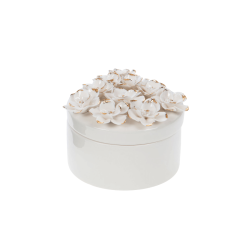 Boîte ronde porcelaine blanche et fleurs dorées, d'une hauteur de 8 cm et de 11 cm de diamètre.