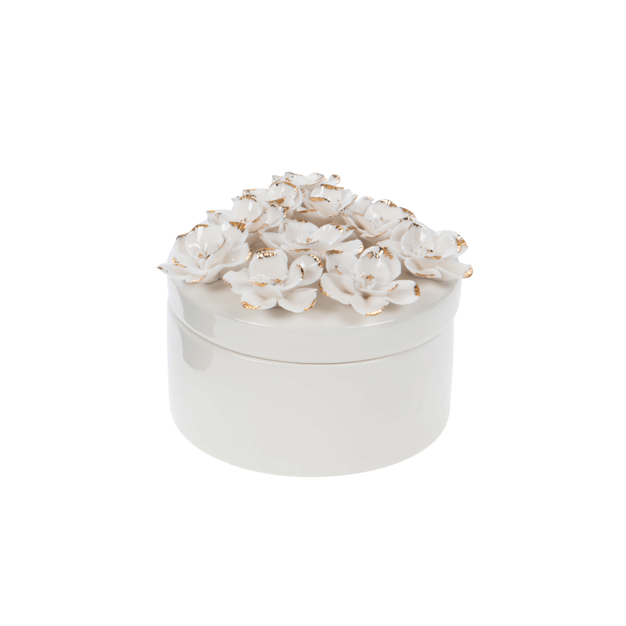 Boîte ronde porcelaine blanche et fleurs dorées, d'une hauteur de 8 cm et de 11 cm de diamètre.