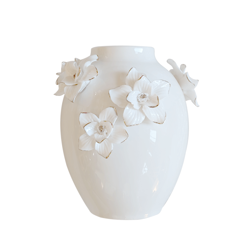 Vase ovoïde porcelaine blanche avec fleurs dorées hauteur 17 cm.