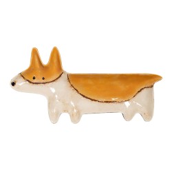 Plat en céramique Corgi Pembroke blanc et orange longueur 30,5 cm.