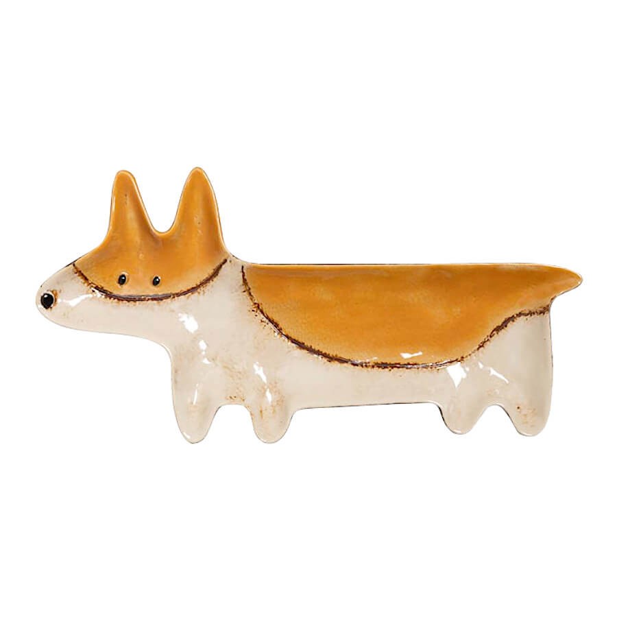 Plat en céramique Corgi Pembroke blanc et orange longueur 30,5 cm.