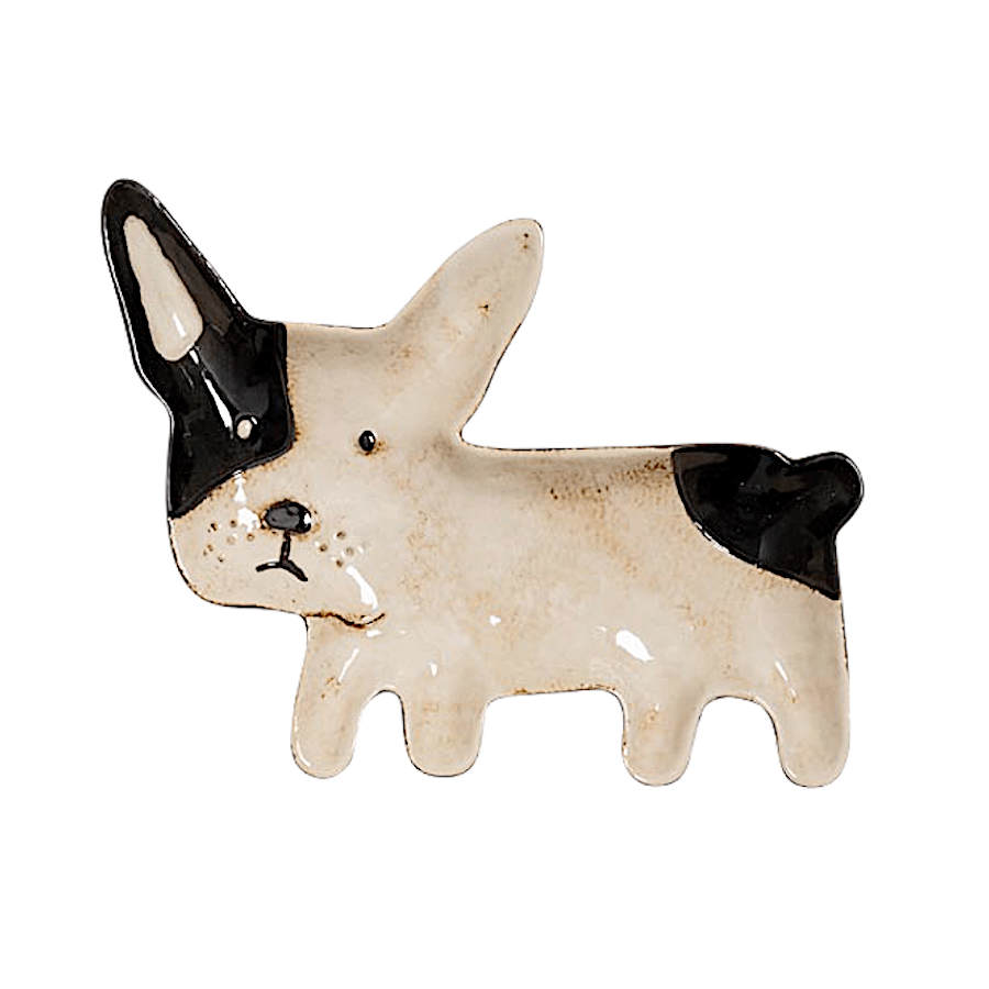 Plat en céramique Bouledogue Français noir et blanc, longueur 23,5 cm.