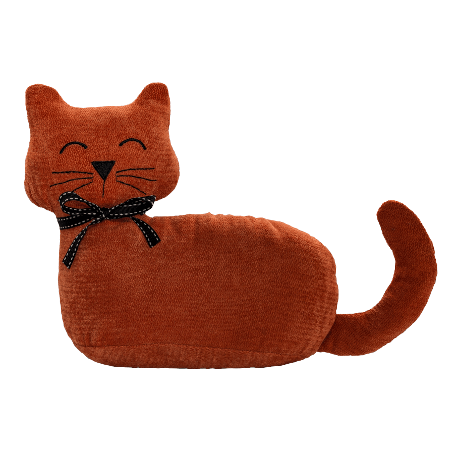 Cale-porte chat terracotta en tissu avec nœud décoratif.
