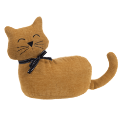 Cale-porte chat jaune moutarde avec nœud noir à pois blancs.