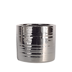 Cache-pot original "Tin Can" en céramique argentée brillante hauteur 9,5 cm.