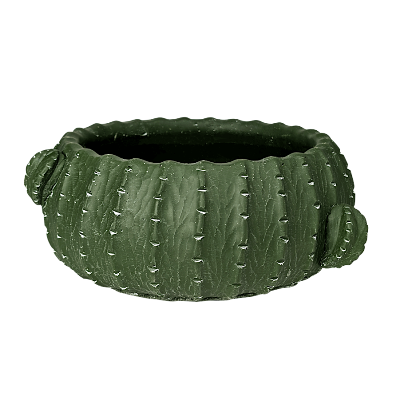 Cache-pot cactus design en céramique vert forêt au diamètre large de 24 cm.