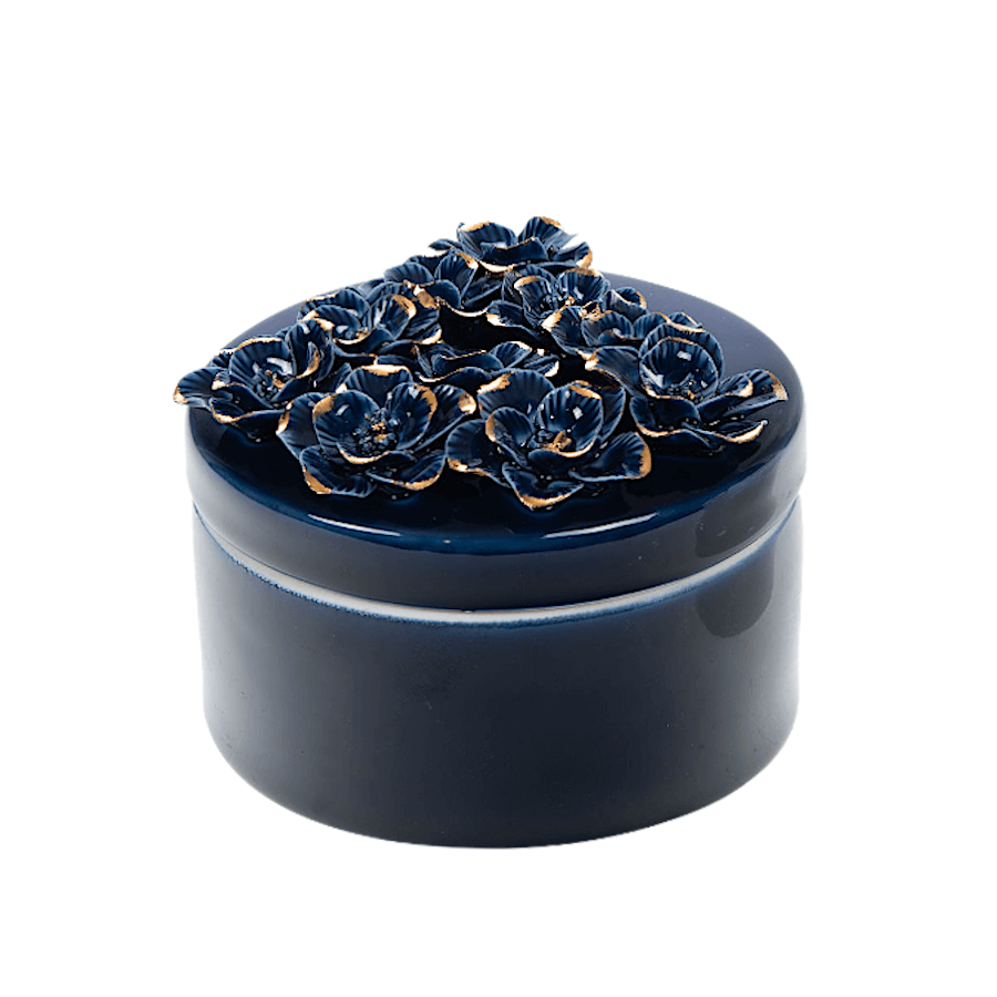 Boîte à Bijoux en Porcelaine Bleu Nuit à Fleurs Dorées | Deco-Delight