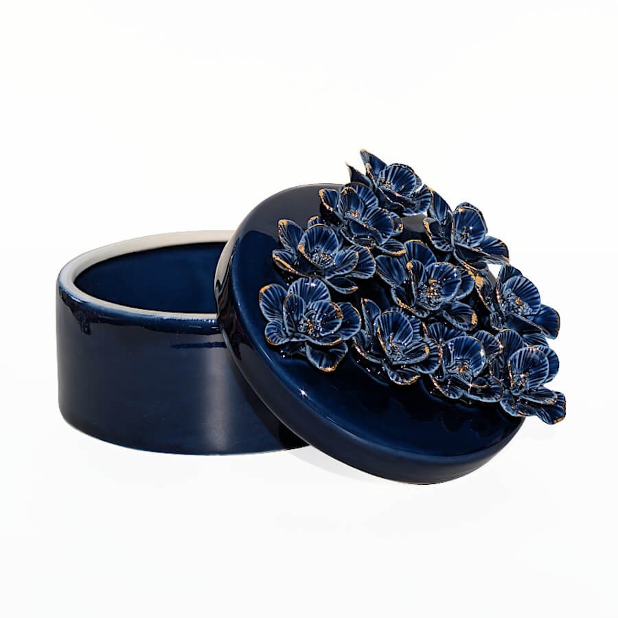 Boîte à Bijoux en Porcelaine Bleu Nuit à Fleurs Dorées | Deco-Delight