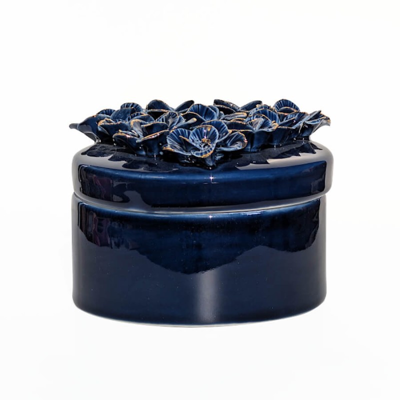 Boîte à Bijoux en Porcelaine Bleu Nuit à Fleurs Dorées | Deco-Delight