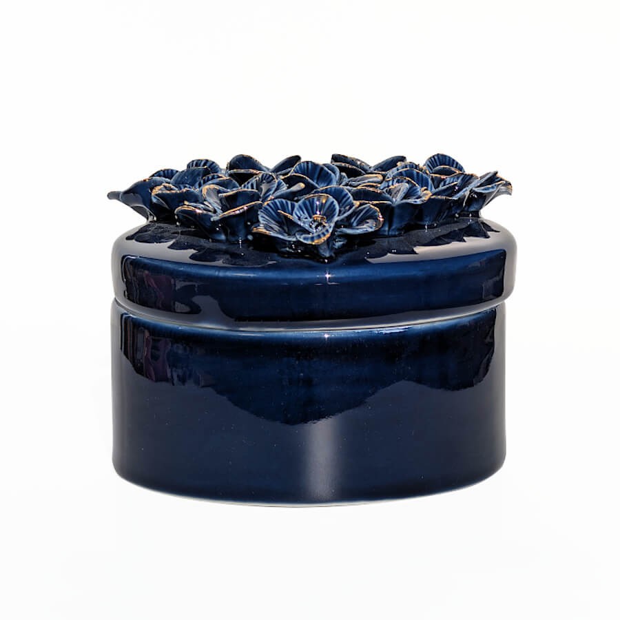 Boîte à Bijoux en Porcelaine Bleu Nuit à Fleurs Dorées | Deco-Delight
