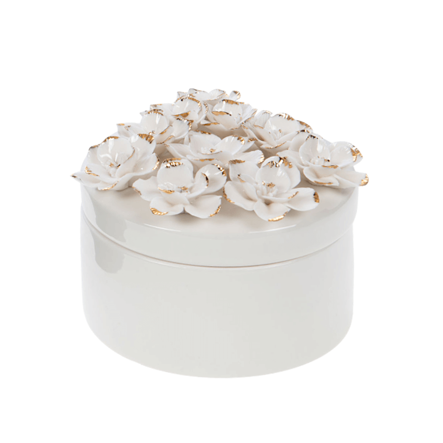 Boîte en Porcelaine Blanche et Fleurs Dorées H8 cm | Deco-Delight