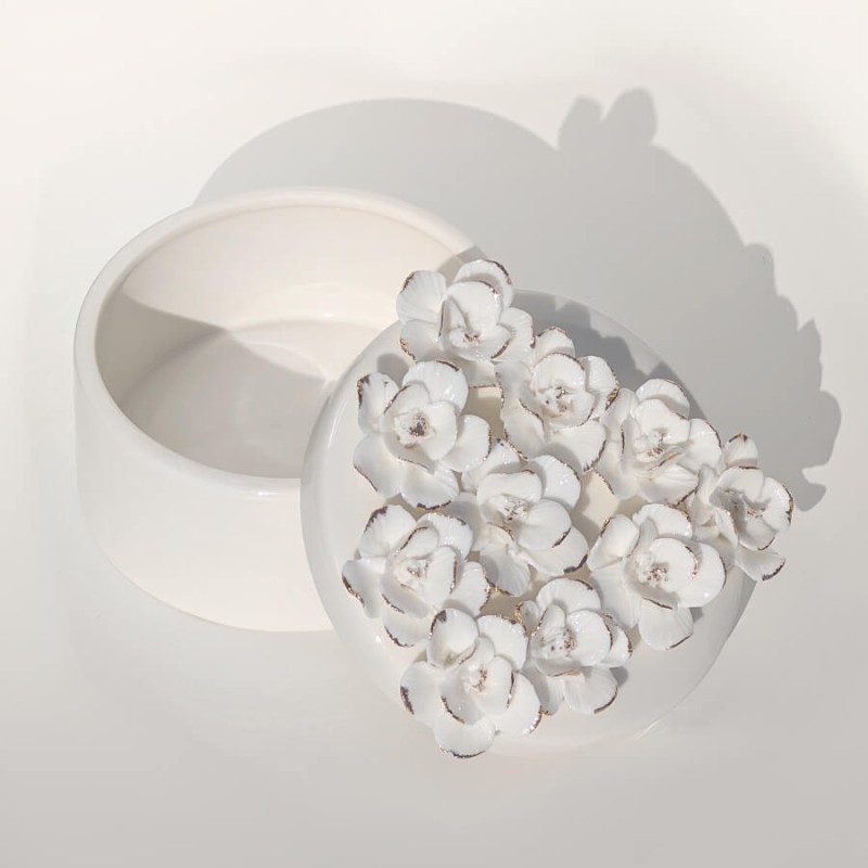 Boîte en Porcelaine Blanche et Fleurs Dorées H8 cm | Deco-Delight