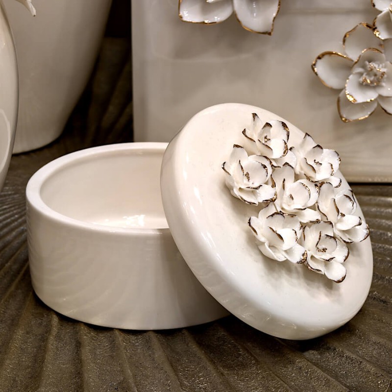 Boîte en Porcelaine Blanche et Fleurs Dorées H8 cm | Deco-Delight