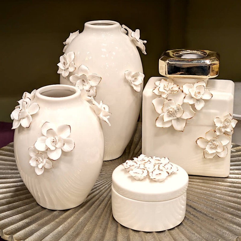 Boîte en Porcelaine Blanche et Fleurs Dorées H8 cm | Deco-Delight