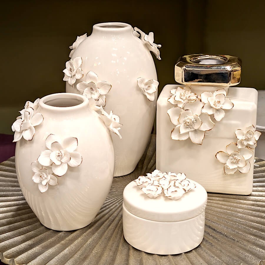 Boîte en Porcelaine Blanche et Fleurs Dorées H8 cm | Deco-Delight