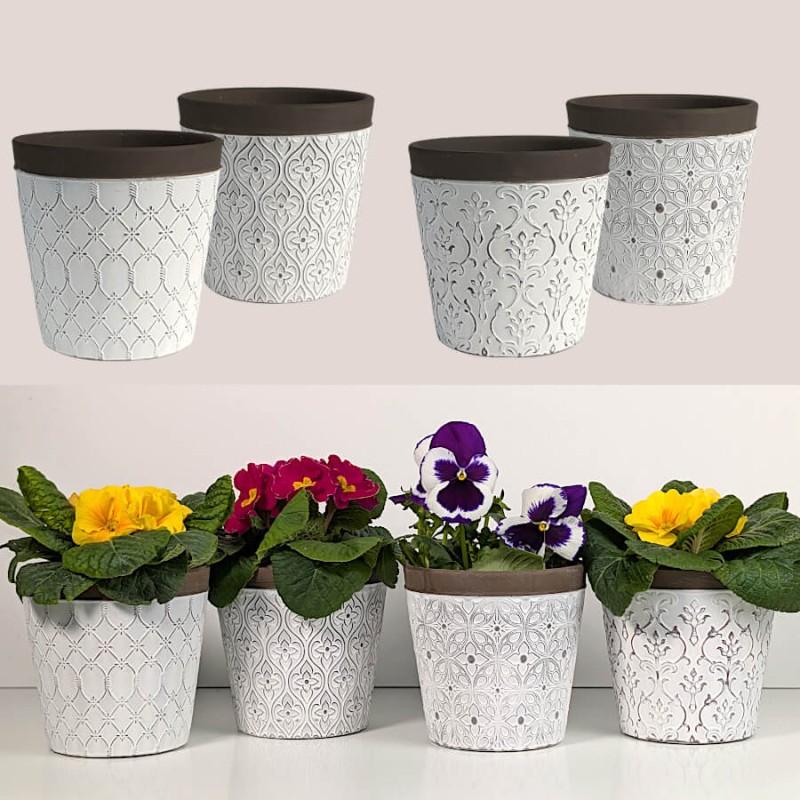 Aperçu des différents modèles et motifs de cache-pots en céramique disponibles dans la collection