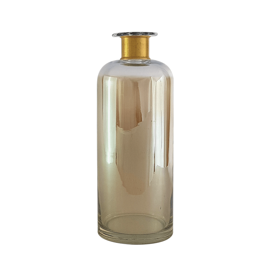 Vase bouteille en verre irisé à col laiton hauteur 29,5 cm.