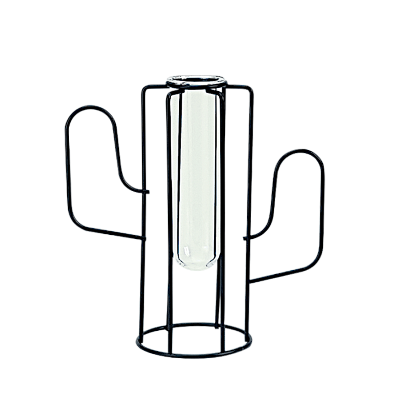 Soliflore cactus en métal noir avec tube en verre, hauteur 16,5 cm.
