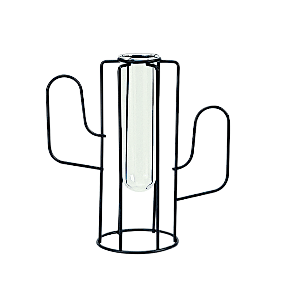 Soliflore cactus en métal noir avec tube en verre, hauteur 16,5 cm.