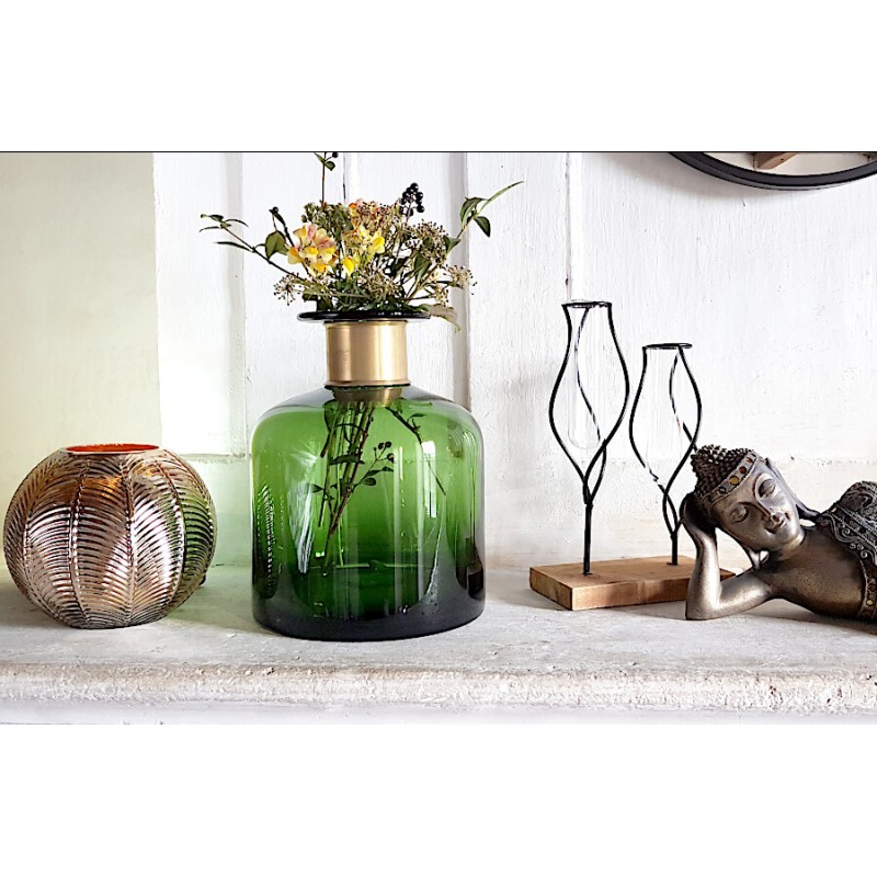 Vase bouteille vert col laiton doré | Deco-Delight.com