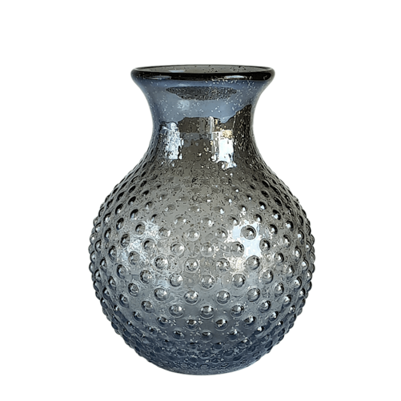 Vase boule en verre gris texturé à pois en relief, hauteur 21 cm.