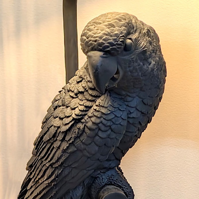 Gros plan sur la tête éclairée du perroquet en résine noir mat de  la collection Animaux de Deco-Delight.