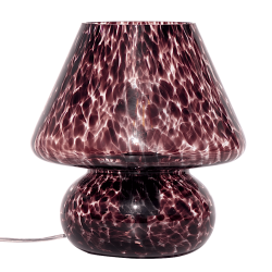 Lampe champignon en verre soufflé transparent moucheté de taches brunes, hauteur 23,5 cm.