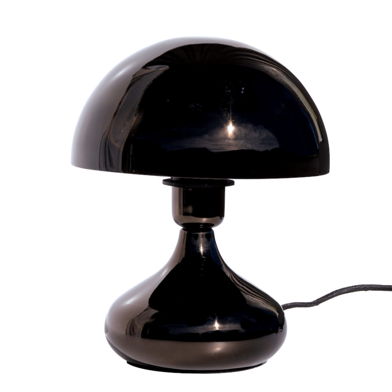 Lampe champignon design noir chromé fini miroir haute brillance hauteur 26 cm.