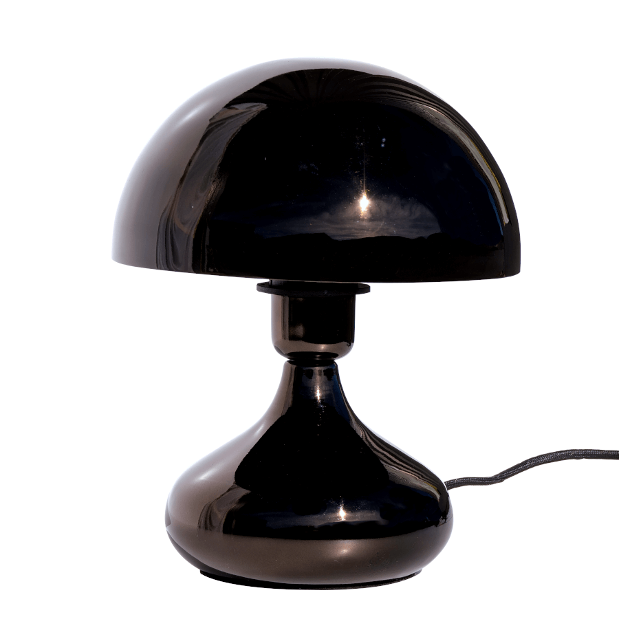 Lampe champignon design noir chromé fini miroir haute brillance hauteur 26 cm.