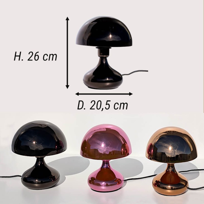 Schéma technique des dimensions et aperçu des coloris de la collection Champignon Decor Delight.