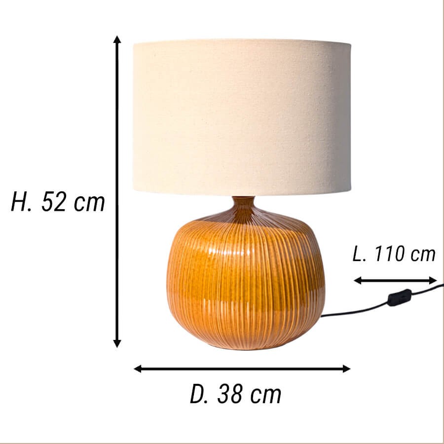 Les informations techniques : Hauteur 52 cm, Diamètre 38 cm et câble de 150 cm avec interrupteur.