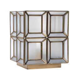 Lampe à poser cubique design Art Déco en métal doré et verre givré, hauteur 30 cm.