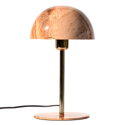 Lampe champignon design en pierre naturelle onyx brun et pied en métal doré, hauteur 36 cm.
