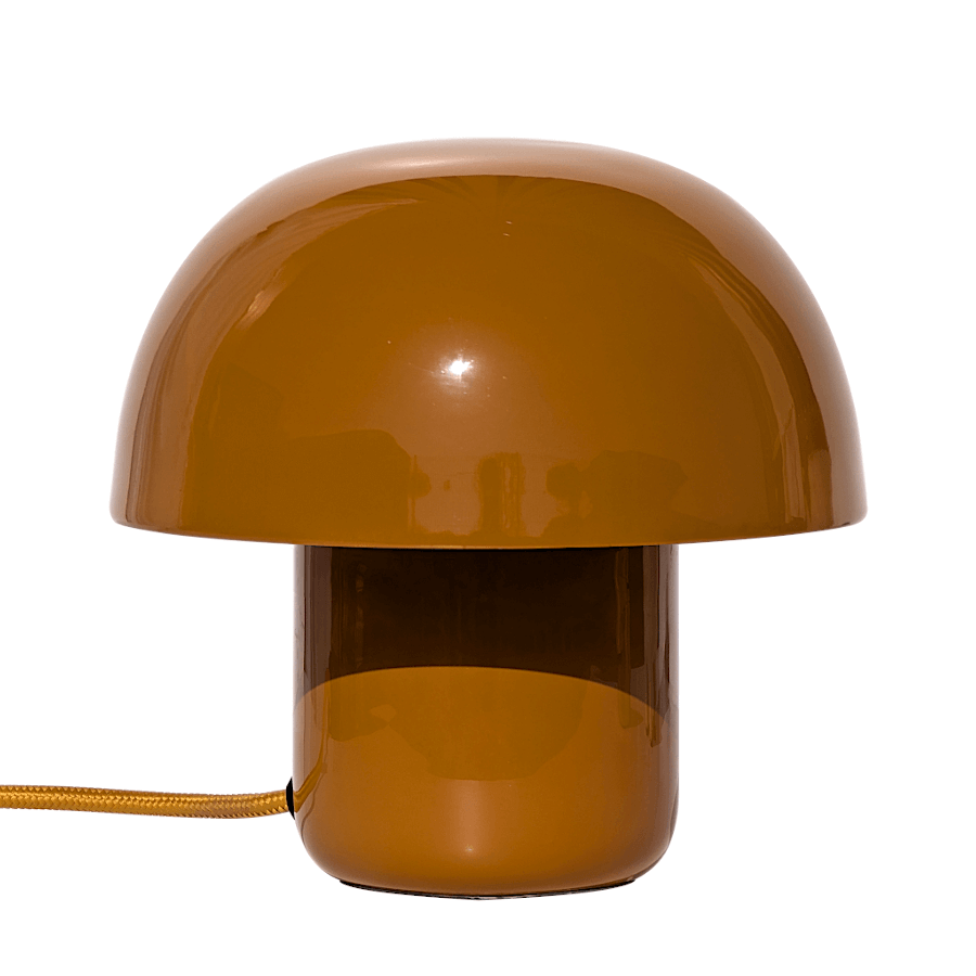 Lampe champignon design pop couleur moutarde, vue de face.