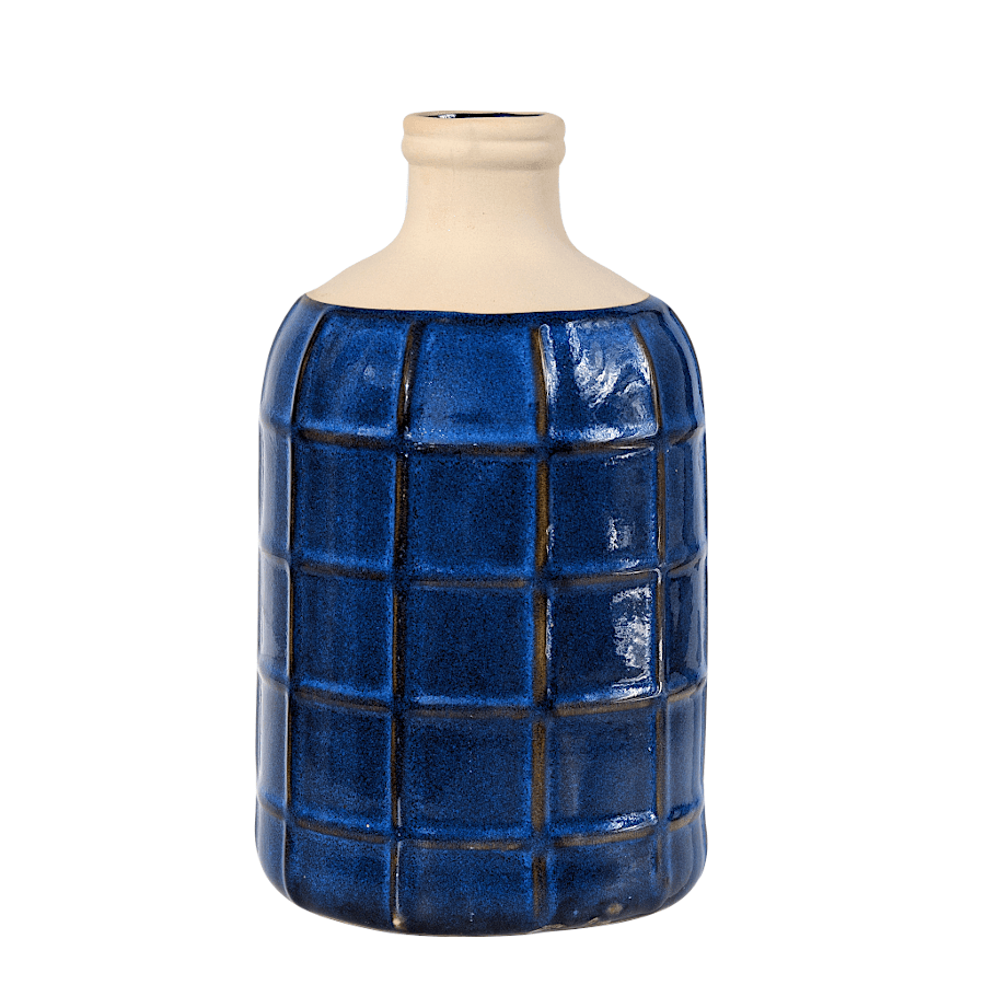 Vase bouteille en céramique bleu grec avec motif quadrillé.