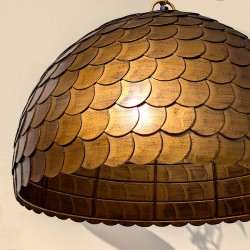 Vue rapprochée sur la superposition des écailles opaques et le travail du métal.